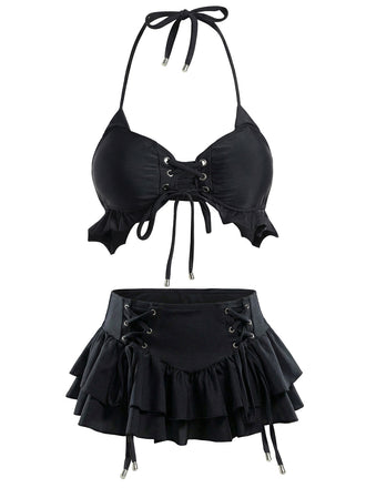 Schwarz 1950er Neckholder Schnürung Bikini Set & Gestuft Cover Up