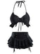 Schwarz 1950er Neckholder Schnürung Bikini Set & Gestuft Cover Up