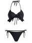 Schwarz 1950er Halter Schnürung Rüschen Saum Bikini Set