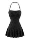 [Größentabelle] Schwarz 1950er Polka Dot Halter Rückenfrei Badekleid