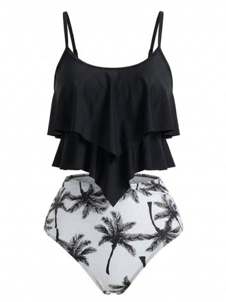 Schwarz 1950er Rüschen Palmen Tankini Set