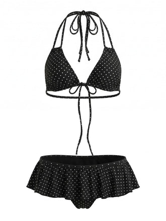 Schwarz 1950er Rüschen Schnürung Polka Dot Bikini Set