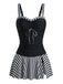 Schwarzes 1950er Streifen Farbblock Gerafft Tankini-Set