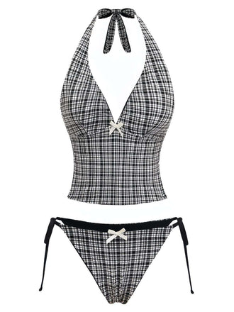 Retro-Tankini-Set aus schwarzem Karomuster mit Neckholder, tiefem V-Ausschnitt und klassischem 60er-Jahre-Charme, ideal zum Schwimmen und für Strandaktivitäten im Sommer.