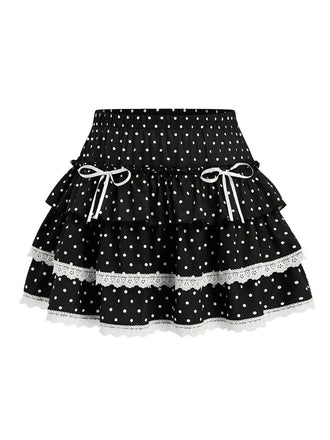 Schwarzer Minirock mit Polka-Dots und gestuften Rüschen, Vorderansicht – perfekt für einen Vintage-inspirierten und romantischen Stil.