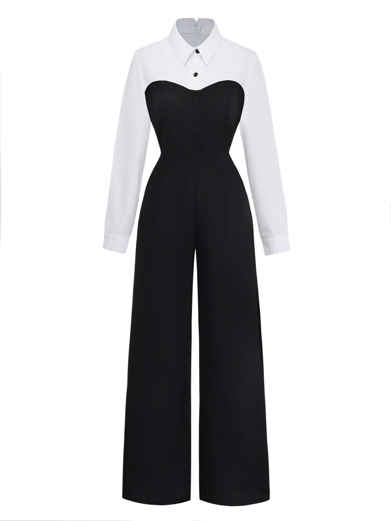 Klassischer schwarz-weißer Jumpsuit im 80er-Jahre-Farbblock-Look mit angedeutetem zweiteiligem Revers, designt für Vintage-Bürokleidung und Retro-Business-Anlässe.