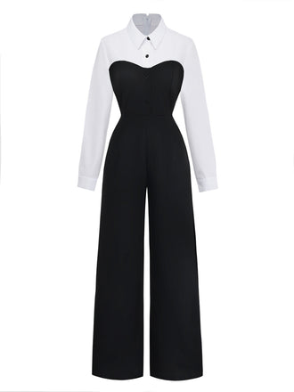 Klassischer schwarz-weißer Jumpsuit im 80er-Jahre-Farbblock-Look mit angedeutetem zweiteiligem Revers, designt für Vintage-Bürokleidung und Retro-Business-Anlässe.