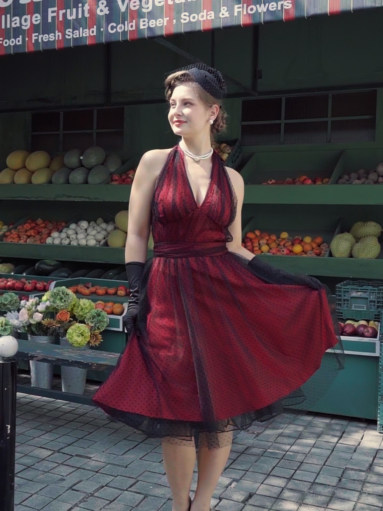 [Vorverkauf] Dunkelrot 1950er Tupfen Netz Swing Kleid