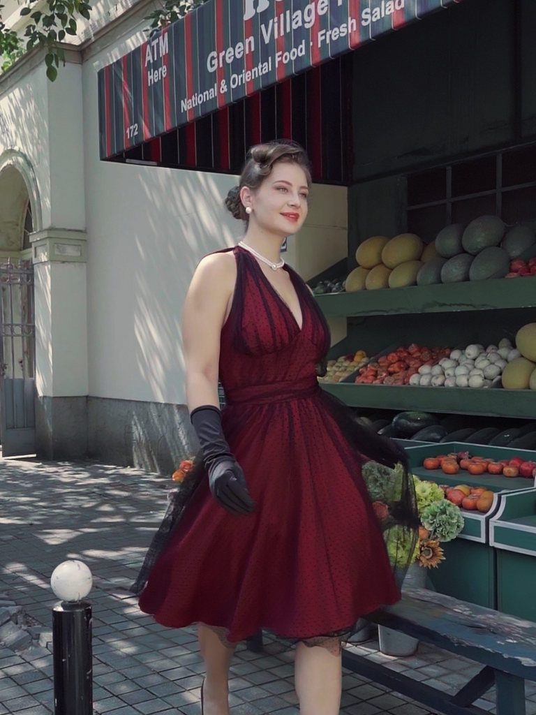[Vorverkauf] Dunkelrot 1950er Tupfen Netz Swing Kleid