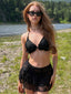 Schwarz 1960er Rüschen Halter Bikini Set & Blumen Spitze Cover-Up