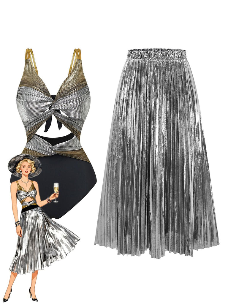 Silbernes Metallic-Top und Faltenrock mit einer Vintage-Illustration einer Frau.