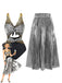 Silbernes Metallic-Top und Faltenrock mit einer Vintage-Illustration einer Frau.
