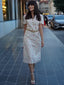Beige 1940er Baumwolle Puffärmel Revers Blumen Kleid