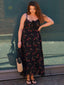Schwarzes 30er Slip-Kleid mit Rosen und V-Ausschnitt