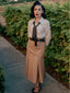 Evelyn Carnahan Outfit Khaki 1930er Streifen Revers Abnehmbare Krawatte Kleid