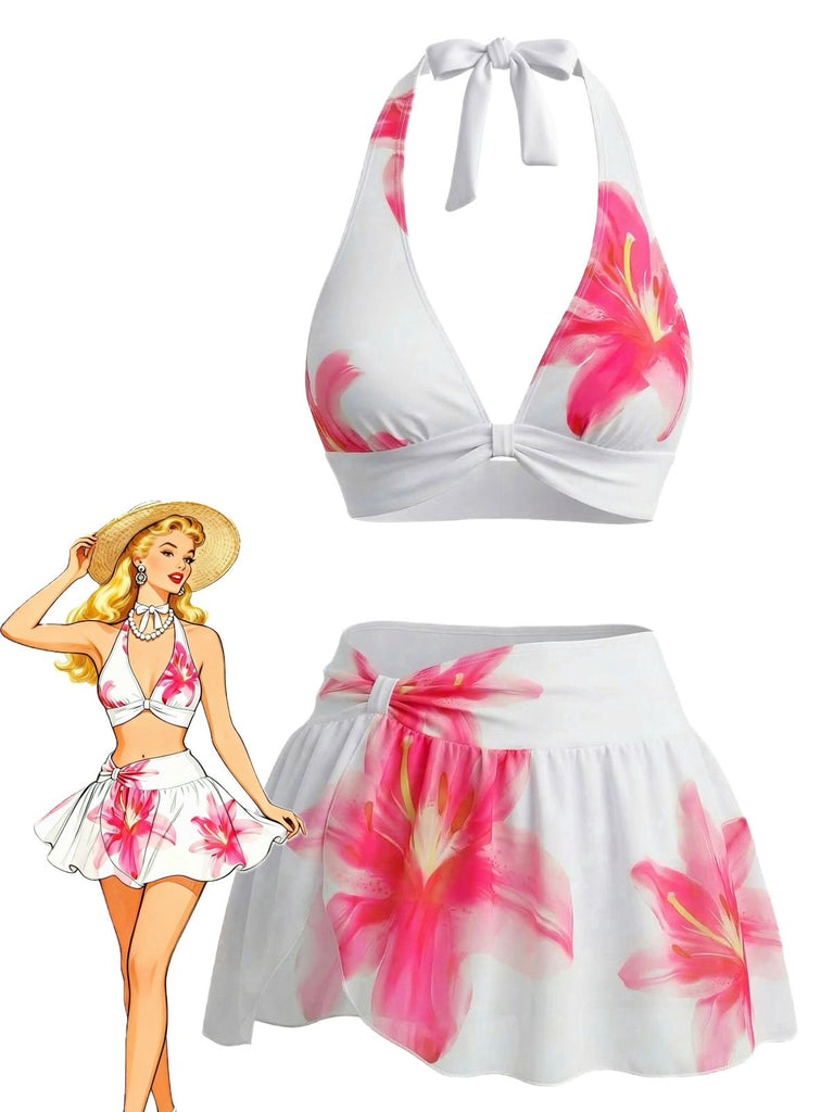 Weiß 1930er Lilien Blumen Halter Wickel Netz Rock Bikini Set