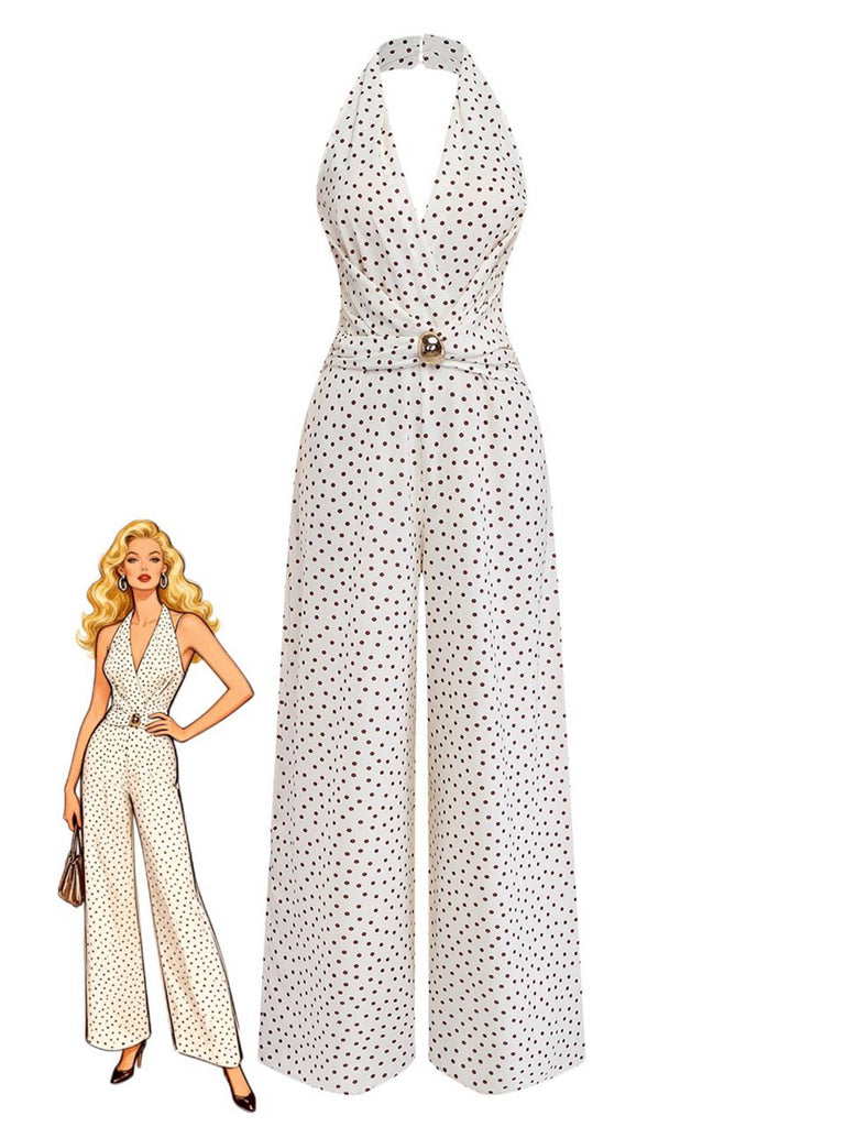 Weißer Vintage-Jumpsuit im Stil der 1930er Jahre mit Polka-Dots, Neckholder, tiefem V-Ausschnitt und geraffter Taille, entworfen für sommerliche Retro-Anlässe.