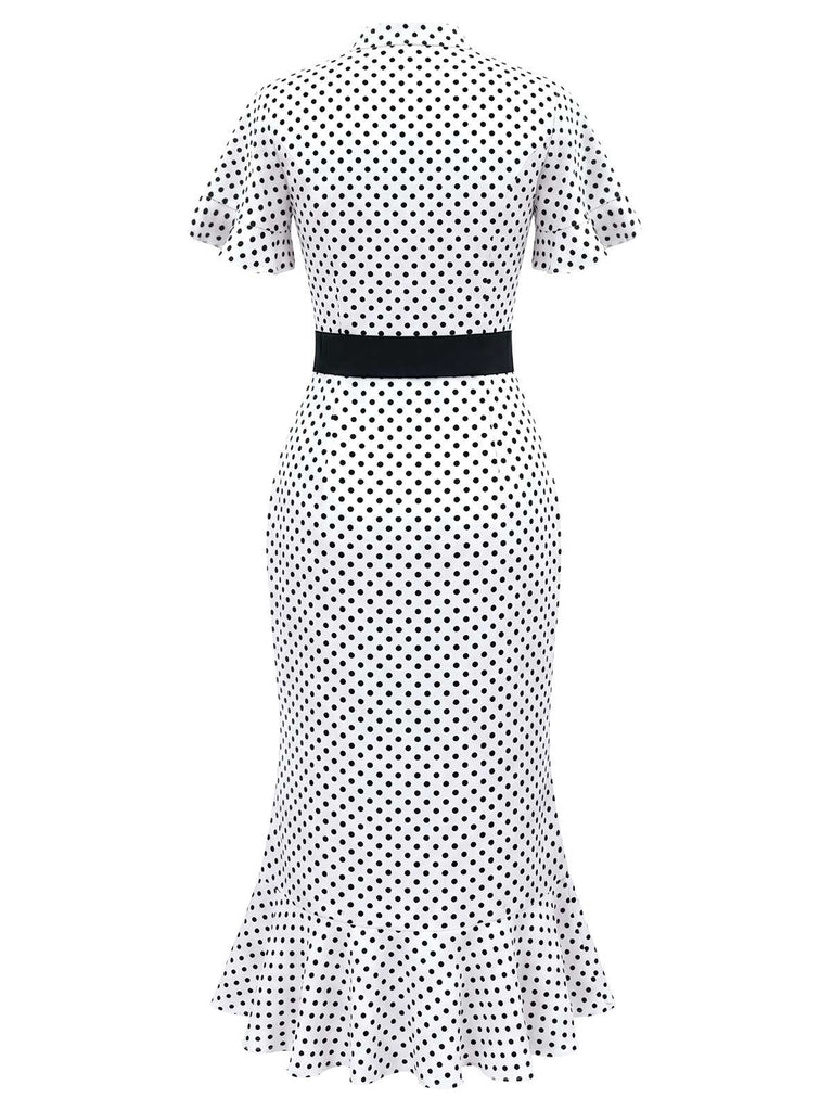 Weiß 1930er Polka Dot Rüschen Meerjungfrauenkleid-back