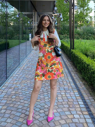 Orange 1960er Revers Blumen Patchwork Kleid