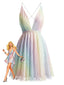Y2K Regenbogen Pailletten Tief V-Ausschnitt Rückenfrei Kleid