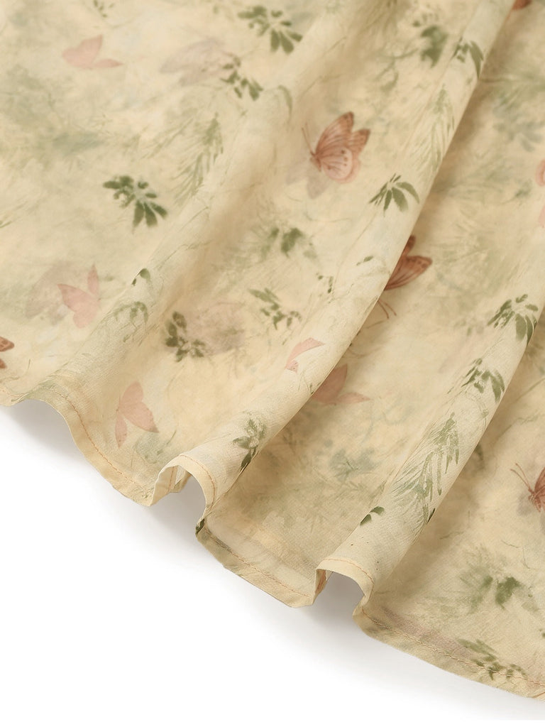 Gelbes Chiffonkleid aus den 1930er Jahren mit Schmetterlingsärmeln – Stoff-Nahaufnahme