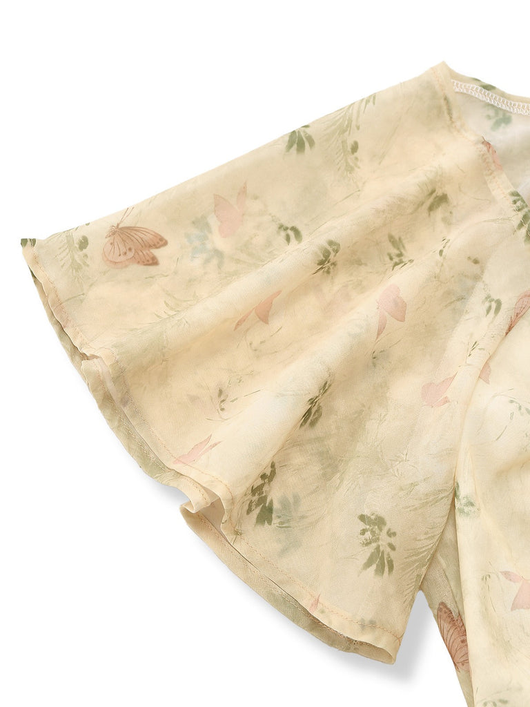 Gelbes Chiffonkleid aus den 1930er Jahren mit Schmetterlingsärmeln – Ärmel-Nahaufnahme