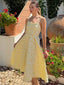 Gelb 1950er Blumen Jacquard Strukturiert Spaghetti Träger Midi Kleid