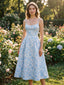 Blau 1950er Blumen Jacquard Strukturiert Spaghetti Träger Midi Kleid