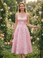 Rosa 1950er Blumen Jacquard Strukturiert Spaghetti Träger Midi Kleid