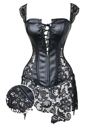 Schwarz Steampunk Leder Gothic Spitze Korsett