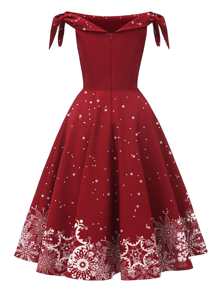 Rot 1950er Weihnachten Schulterfrei Schneeflocke Kleid
