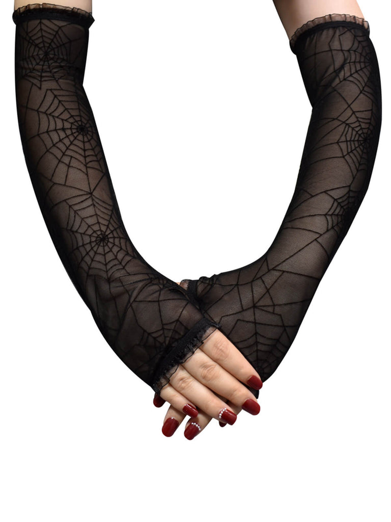 Schwarze Halloween Handschuhe mit Spinnennetz