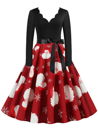 Rot 1950er Santa Claus V-Ausschnitt Gürtel Kleid