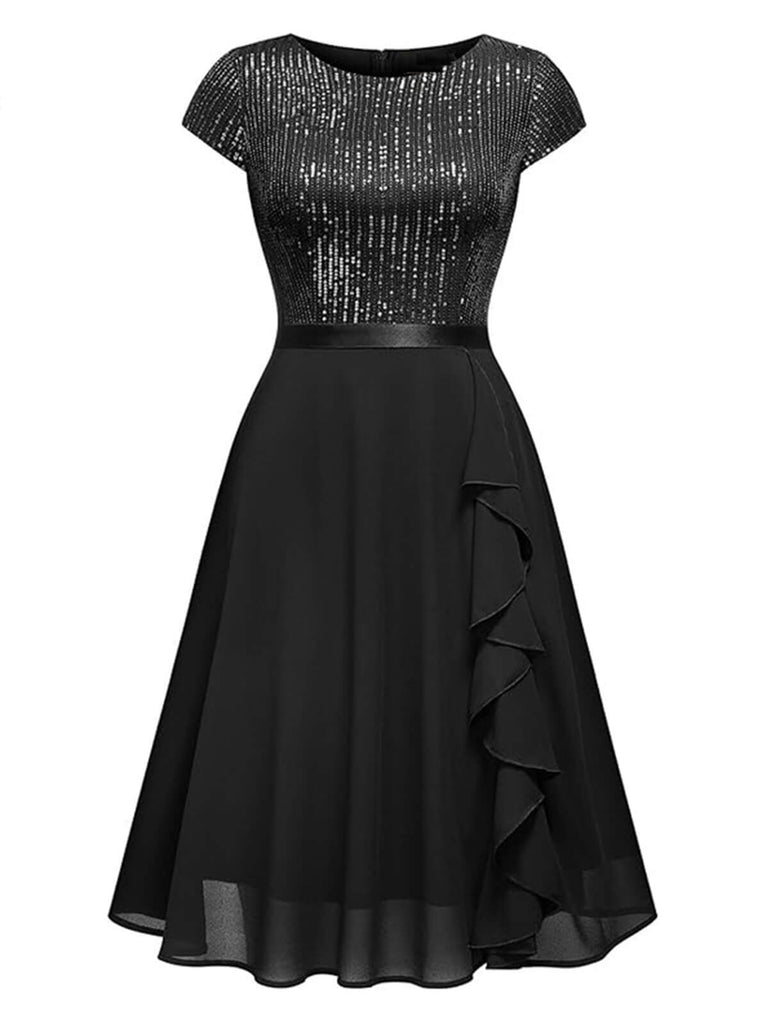 1940er Pailletten Chiffon Rüschenbesatz Swing Kleid