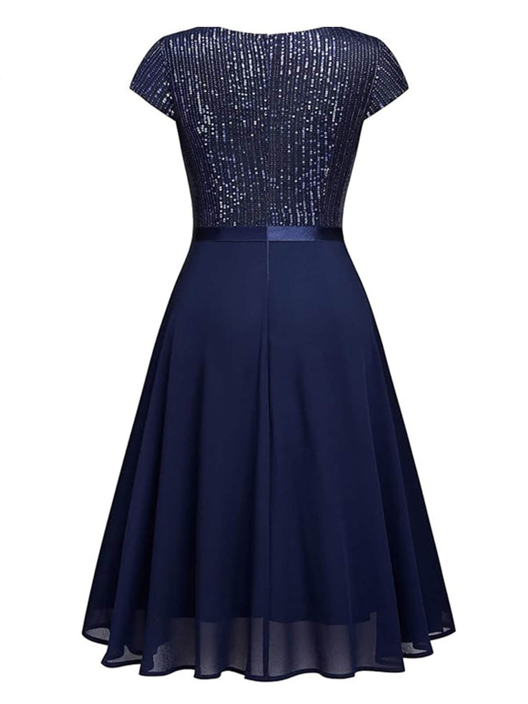 1940er Pailletten Chiffon Rüschenbesatz Swing Kleid