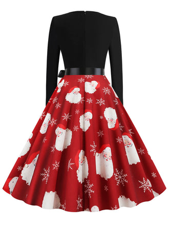 Rot 1950er Santa Claus V-Ausschnitt Gürtel Kleid
