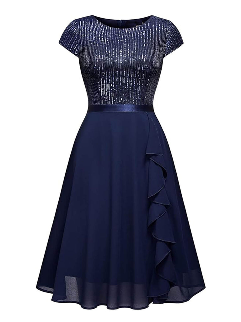 1940er Pailletten Chiffon Rüschenbesatz Swing Kleid