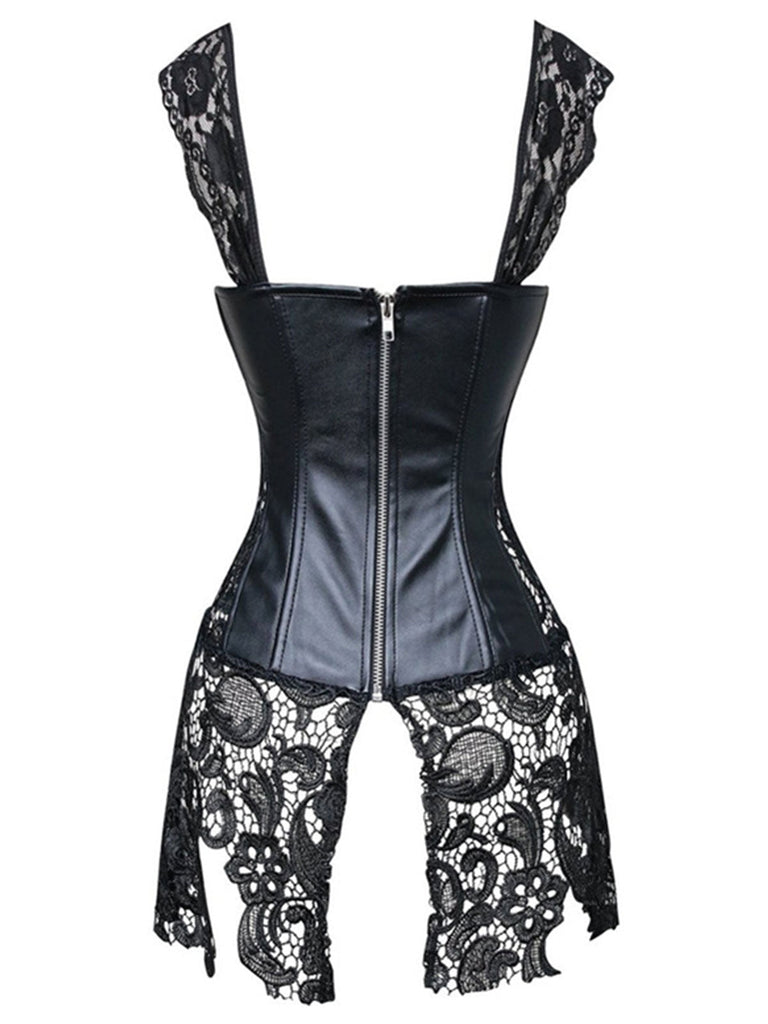 Schwarz Steampunk Leder Gothic Spitze Korsett
