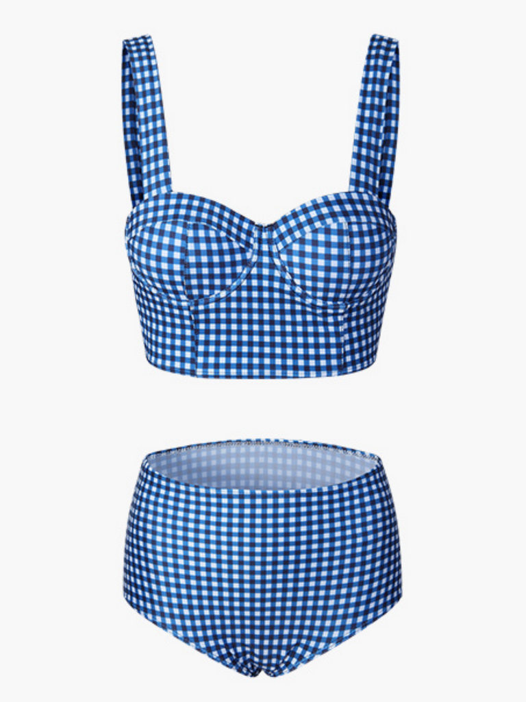 BLAUEM KARIERTEM BÄNDER BIKINI SET