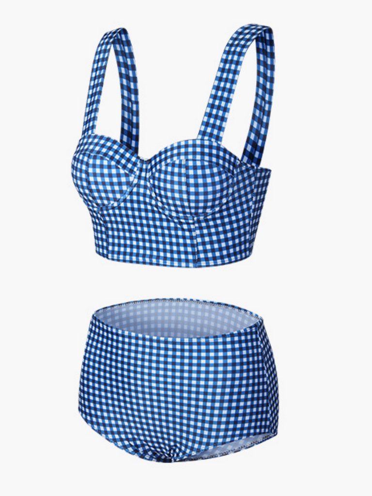 BLAUEM KARIERTEM BÄNDER BIKINI SET