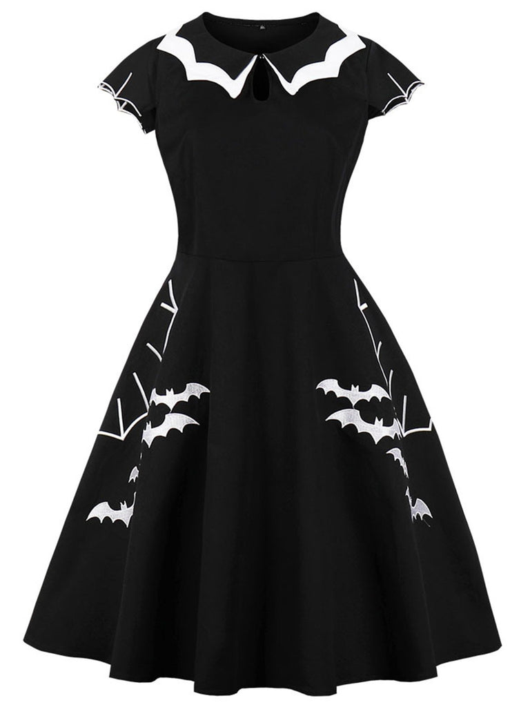 [Übergröße] Schwarz 1950er Halloween Fledermaus Swing Kleid
