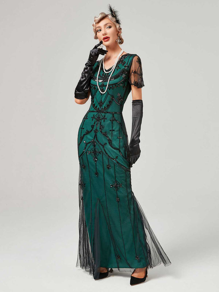 1920er V-Ausschnitt Paillettenbesetztes Mesh Meerjungfrauenkleid Formelles Kleid
