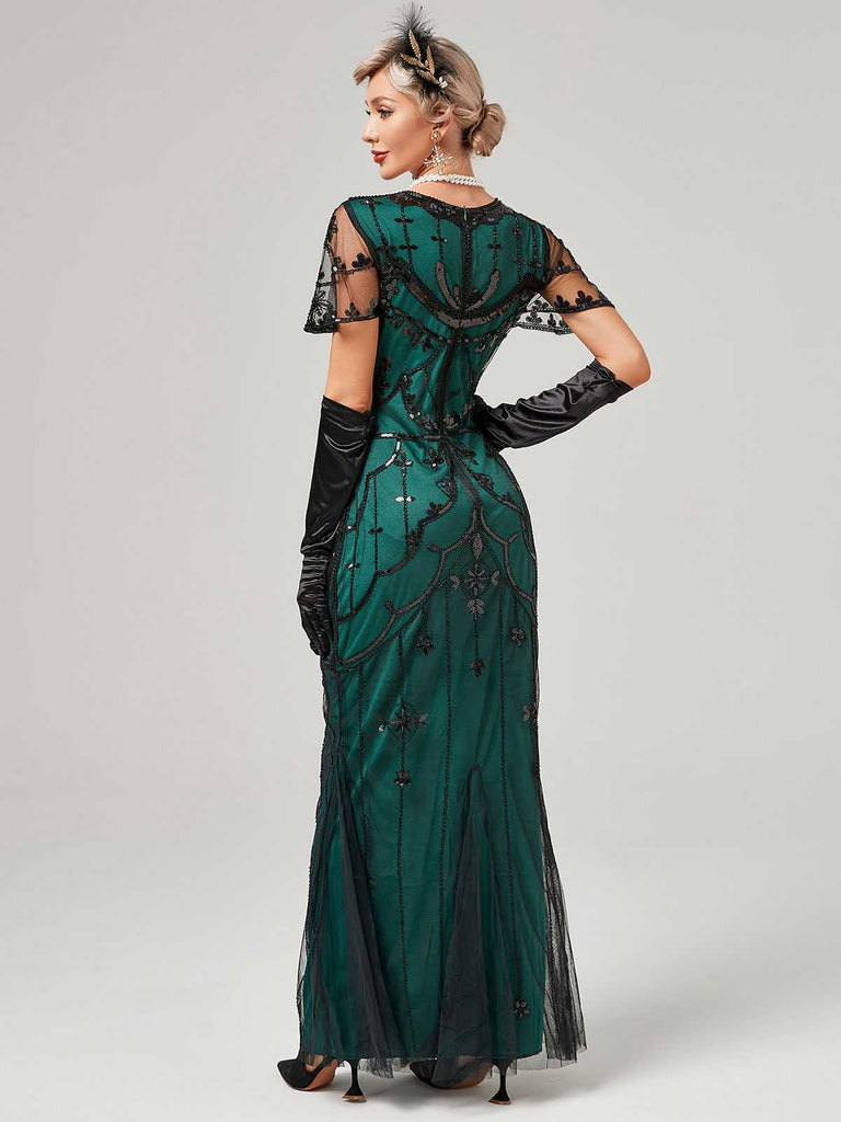 1920er V-Ausschnitt Paillettenbesetztes Mesh Meerjungfrauenkleid Formelles Kleid