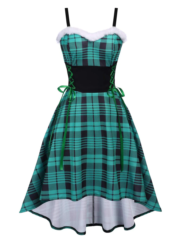 Grün 1950er Pelzig Träger Karo Swing Kleid