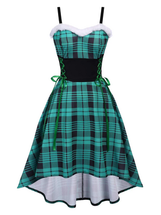 Grün 1950er Pelzig Träger Karo Swing Kleid