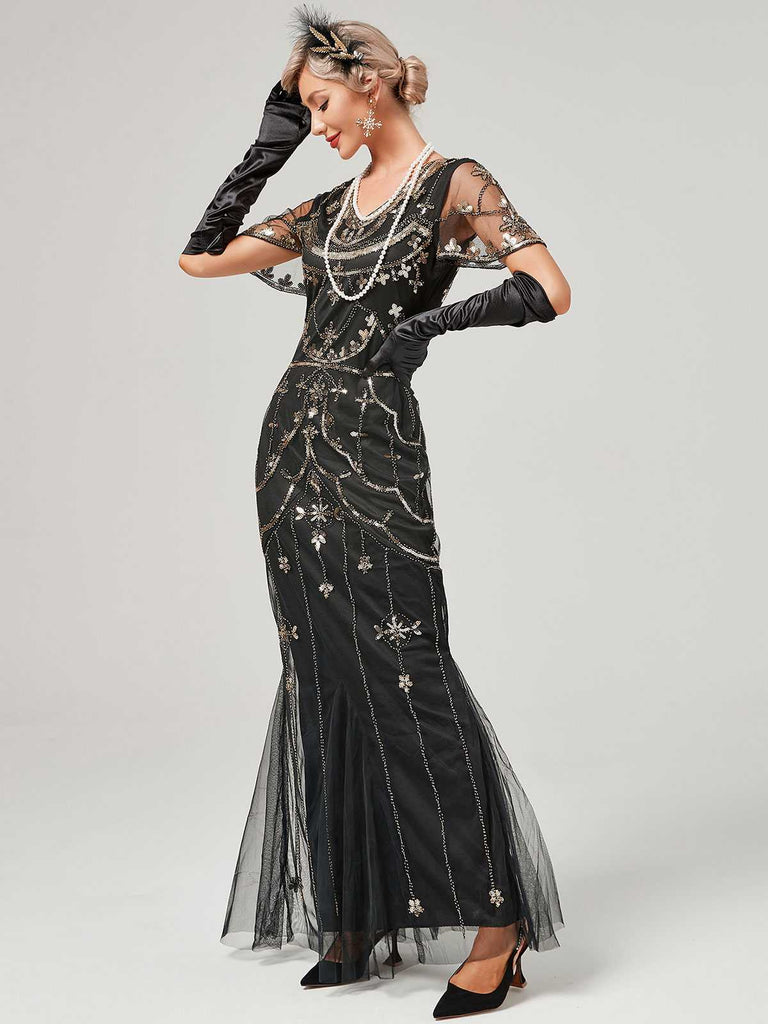 1920er V-Ausschnitt Paillettenbesetztes Mesh Meerjungfrauenkleid Formelles Kleid