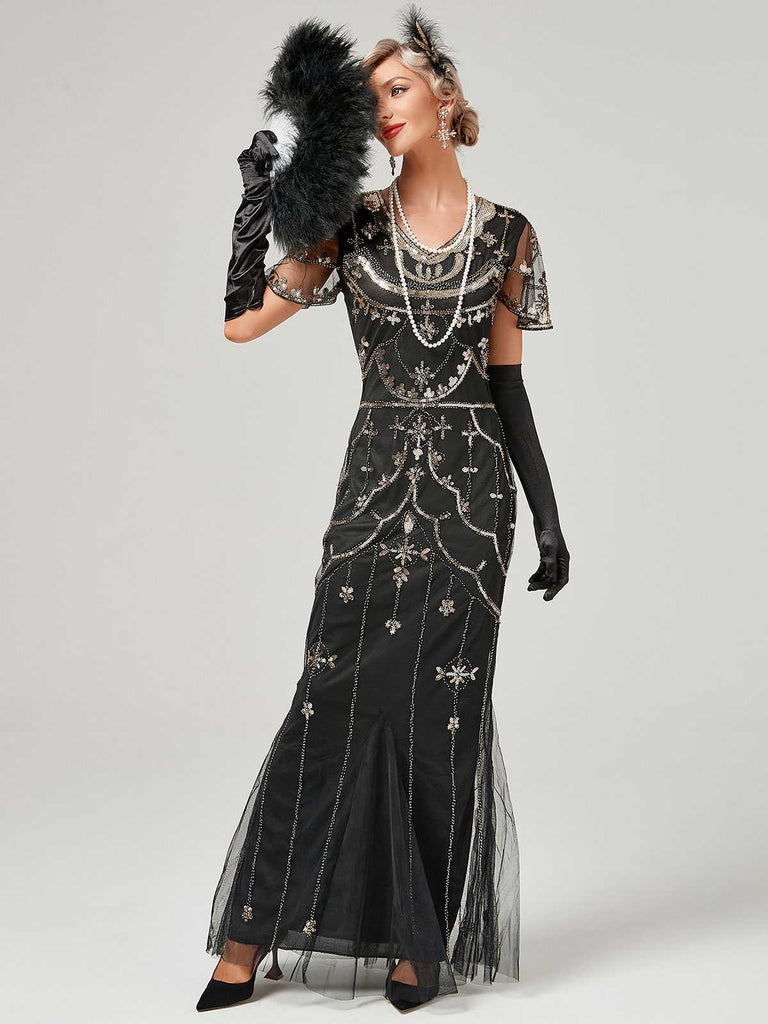 1920er V-Ausschnitt Paillettenbesetztes Mesh Meerjungfrauenkleid Formelles Kleid