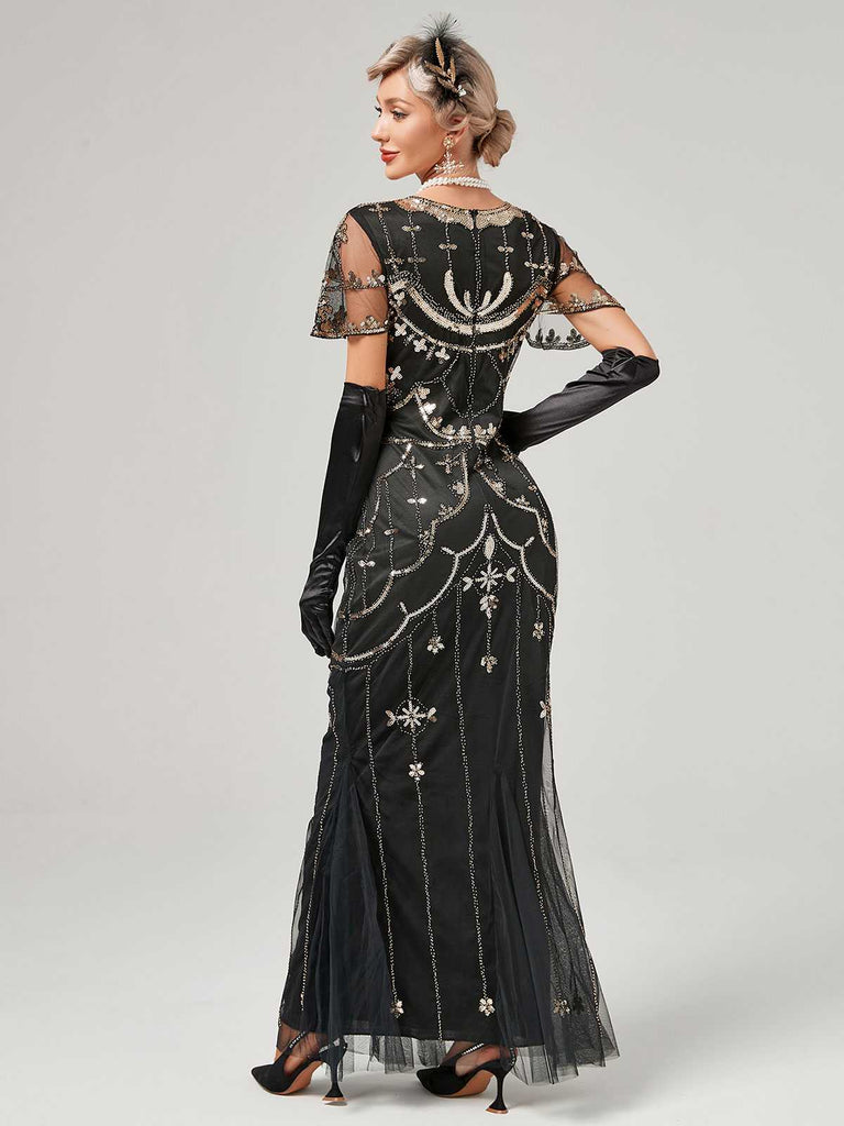1920er V-Ausschnitt Paillettenbesetztes Mesh Meerjungfrauenkleid Formelles Kleid