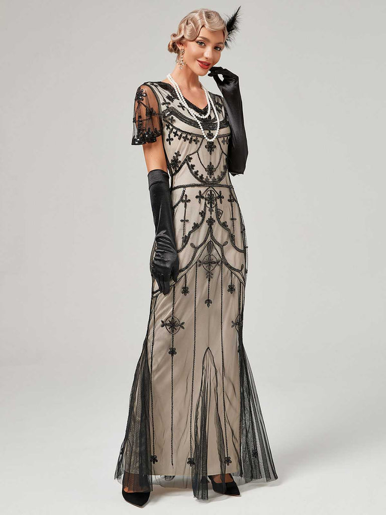 1920er V-Ausschnitt Paillettenbesetztes Mesh Meerjungfrauenkleid Formelles Kleid