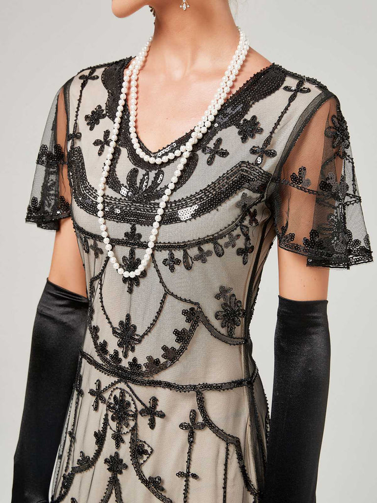 1920er V-Ausschnitt Paillettenbesetztes Mesh Meerjungfrauenkleid Formelles Kleid